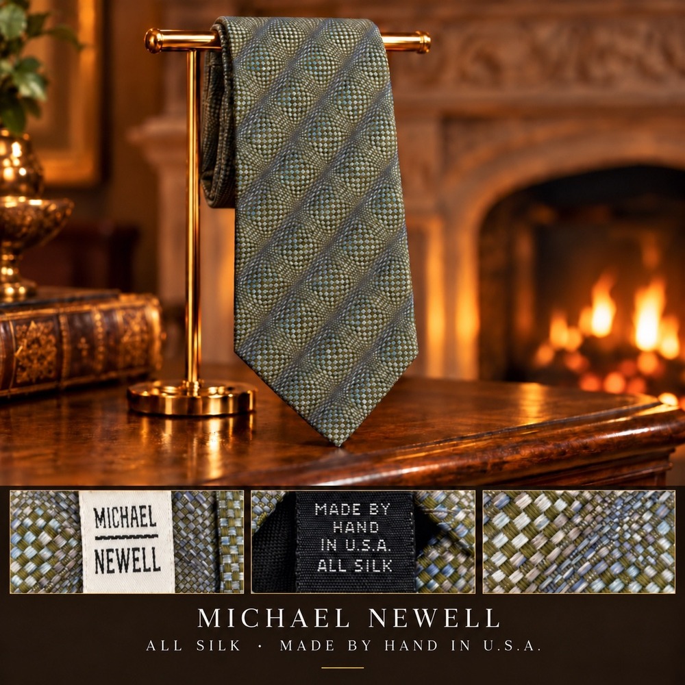 Michael Newell Mens Silk Necktie Woven Geometric Olive Green Blue USA Made